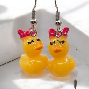 Yellow Rubber Duck Acrylic Earrings with Red Bow Accent